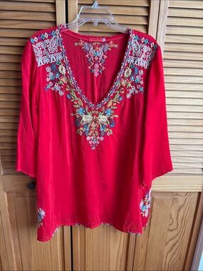 Johnny Was Red Embroidered V-Neck Tunic